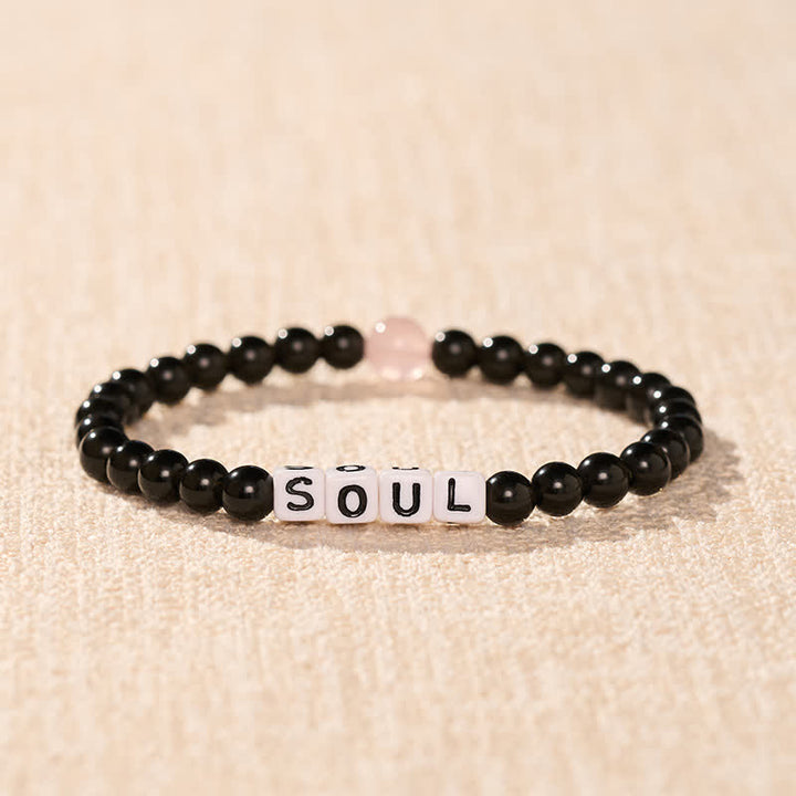 Buddha Stones Black Obsidian Rose Quartz SOUL & MATE Letters Couple Relationships Bracelet - image 2