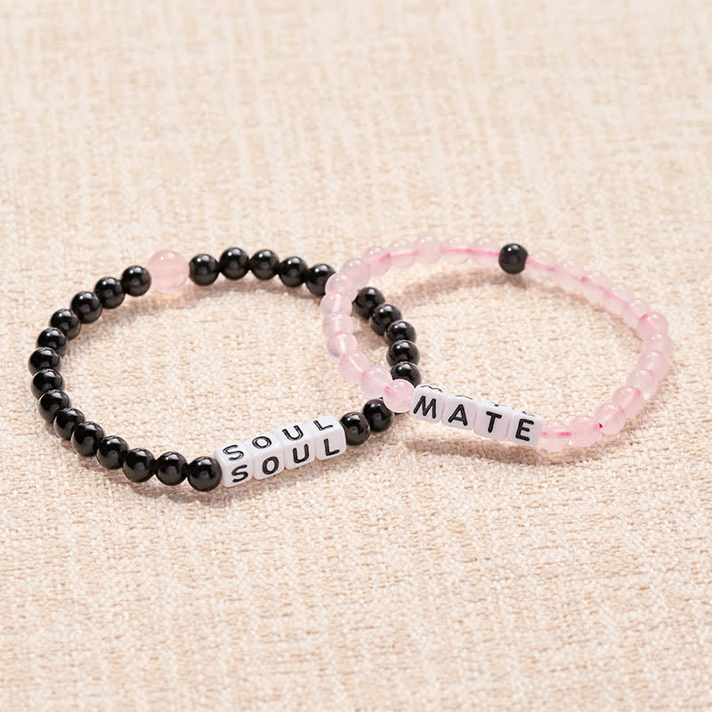 Buddha Stones Black Obsidian Rose Quartz SOUL & MATE Letters Couple Relationships Bracelet - image 0