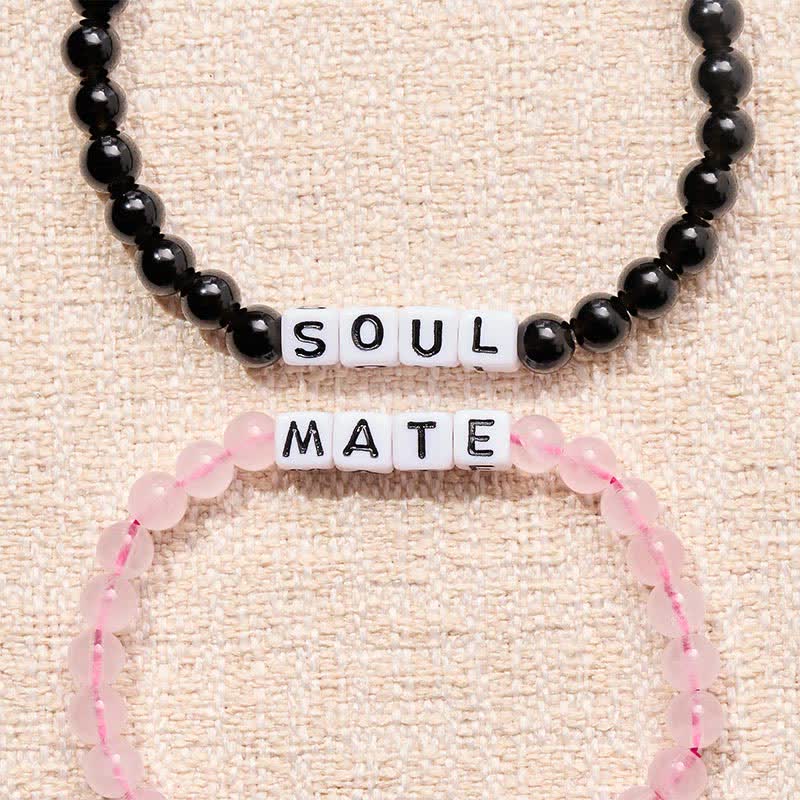 Buddha Stones Black Obsidian Rose Quartz SOUL & MATE Letters Couple Relationships Bracelet - image 14