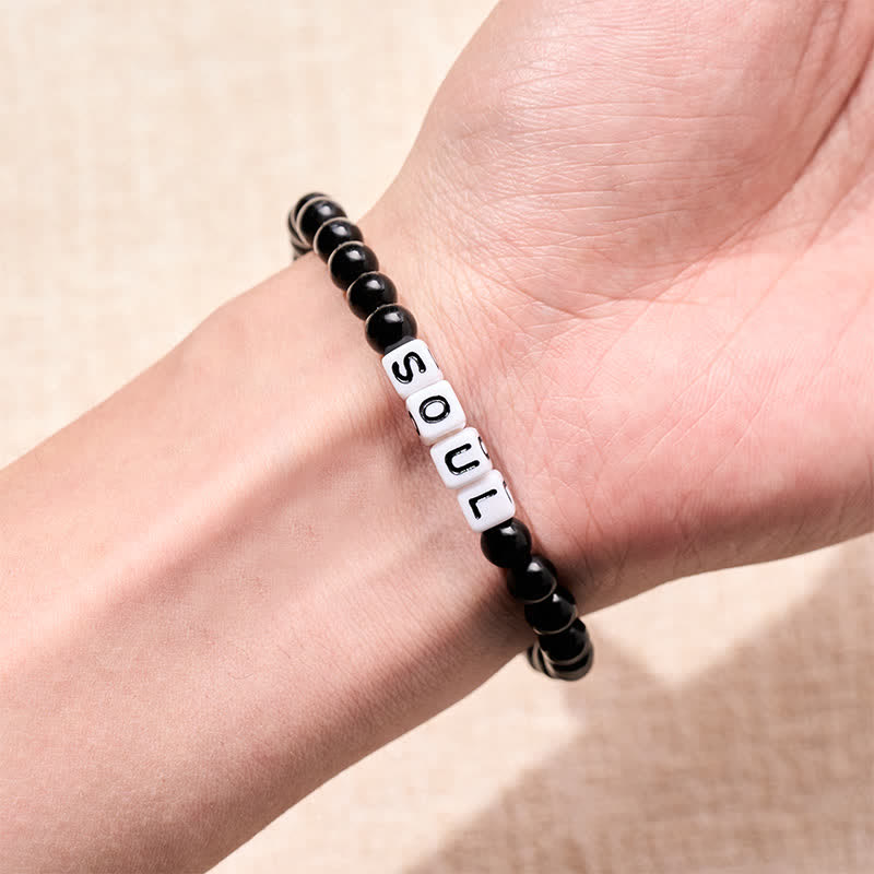 Buddha Stones Black Obsidian Rose Quartz SOUL & MATE Letters Couple Relationships Bracelet - image 4
