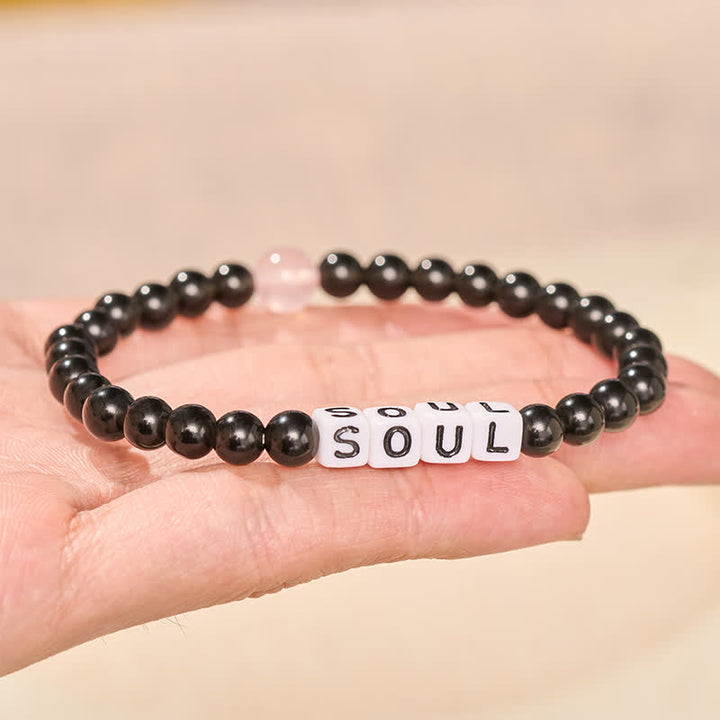 Buddha Stones Black Obsidian Rose Quartz SOUL & MATE Letters Couple Relationships Bracelet - image 3