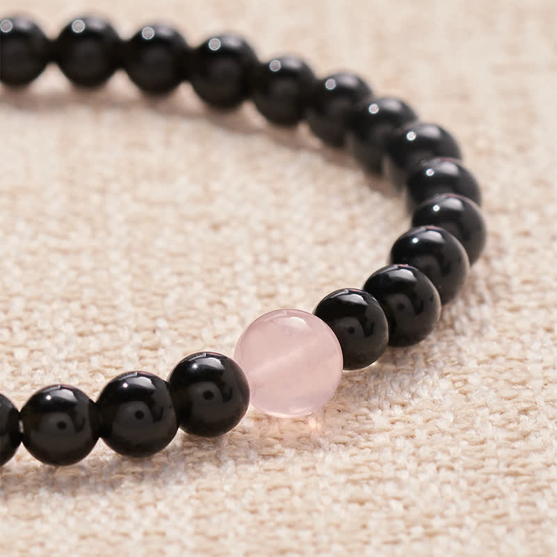Buddha Stones Black Obsidian Rose Quartz SOUL & MATE Letters Couple Relationships Bracelet - image 5