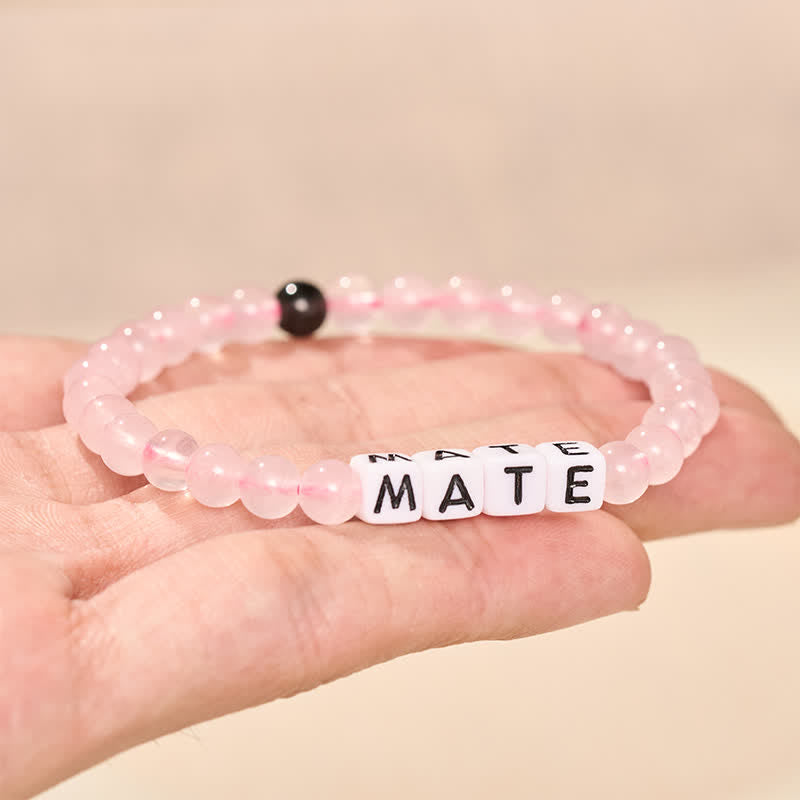 Buddha Stones Black Obsidian Rose Quartz SOUL & MATE Letters Couple Relationships Bracelet - image 10