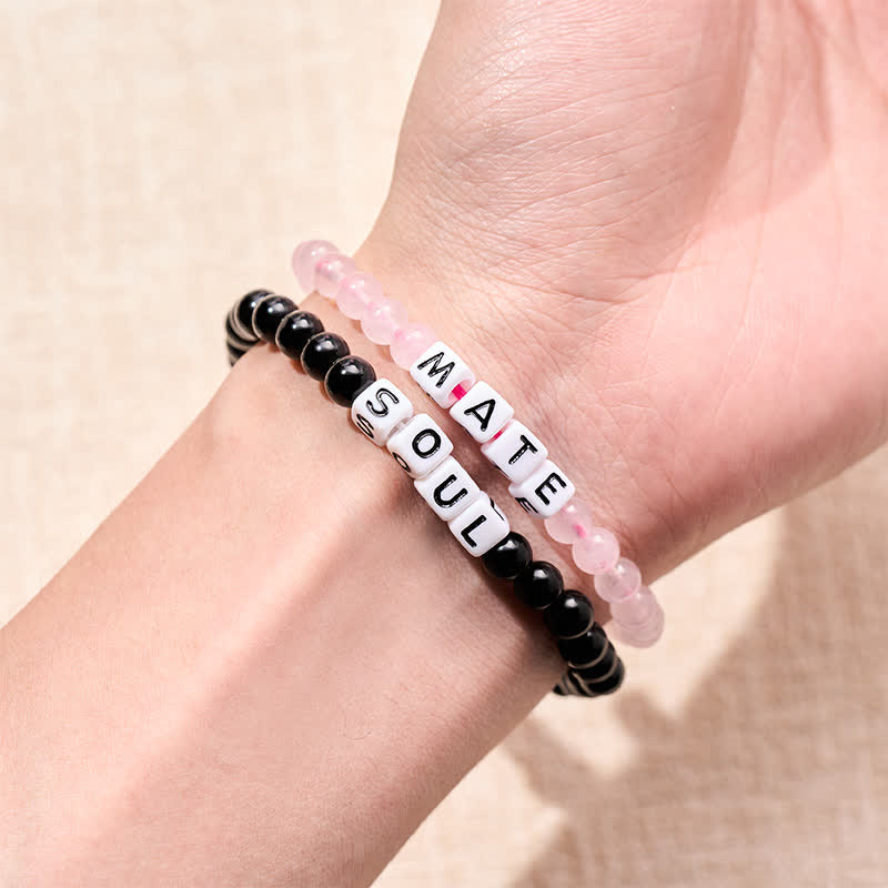 Buddha Stones Black Obsidian Rose Quartz SOUL & MATE Letters Couple Relationships Bracelet - image 15