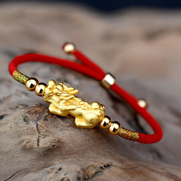 Buddha Stones 24K Gold-Plated PiXiu Luck Red String Bracelet - Red String(Gold)(Wrist Circumference 12-19cm) - 999 Sterling Silver - image 0