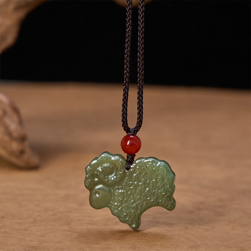 Buddha Stones Green Hetian Jade Chinese Zodiac Goat Pendant Necklace - image 4