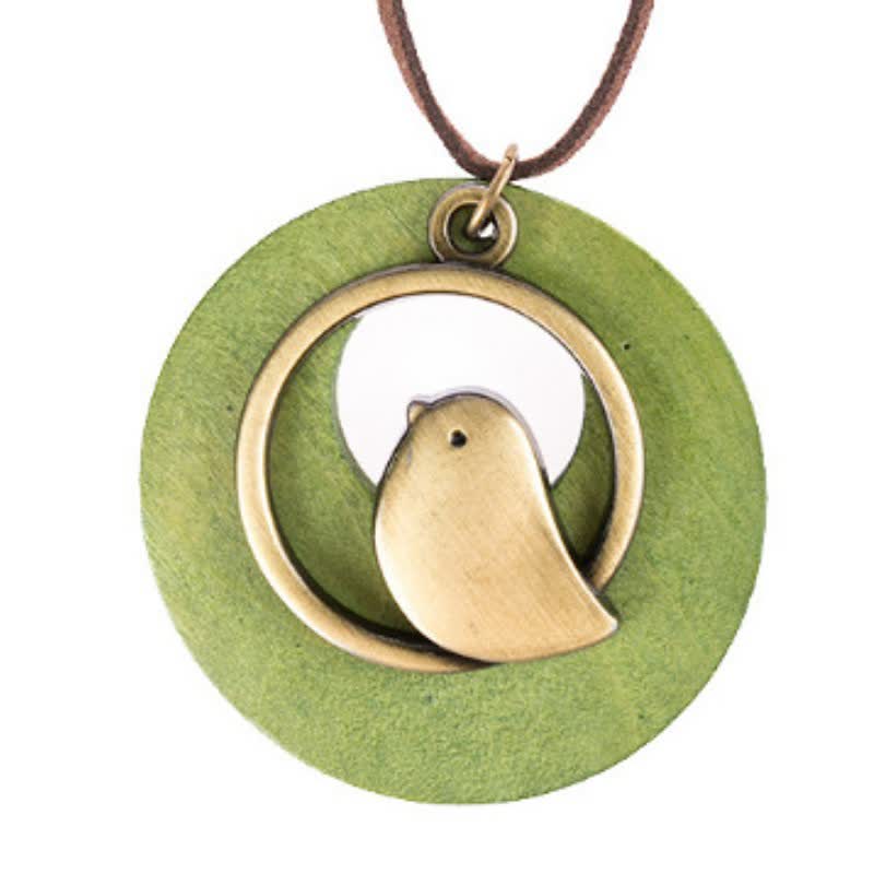 Buddha Stones Vintage Round Wood Bird Charm Pendant Necklace - Green - image 1