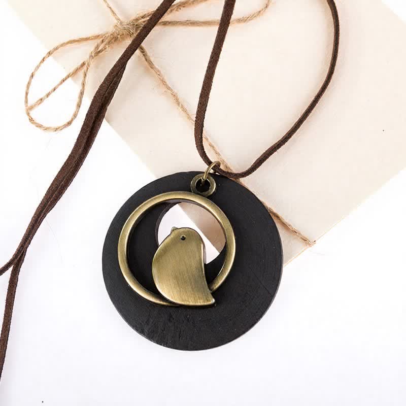 Buddha Stones Vintage Round Wood Bird Charm Pendant Necklace - image 5