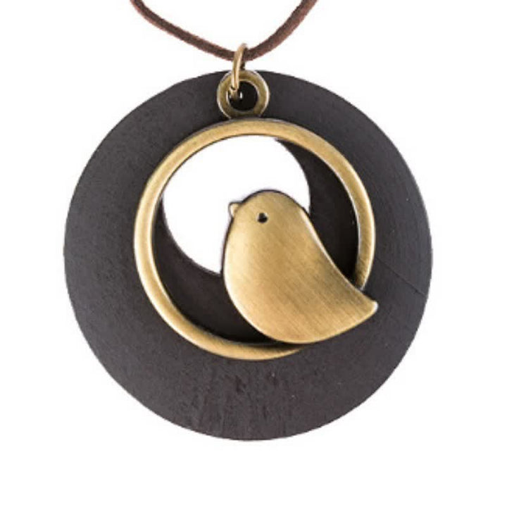 Buddha Stones Vintage Round Wood Bird Charm Pendant Necklace -  Black - image 4