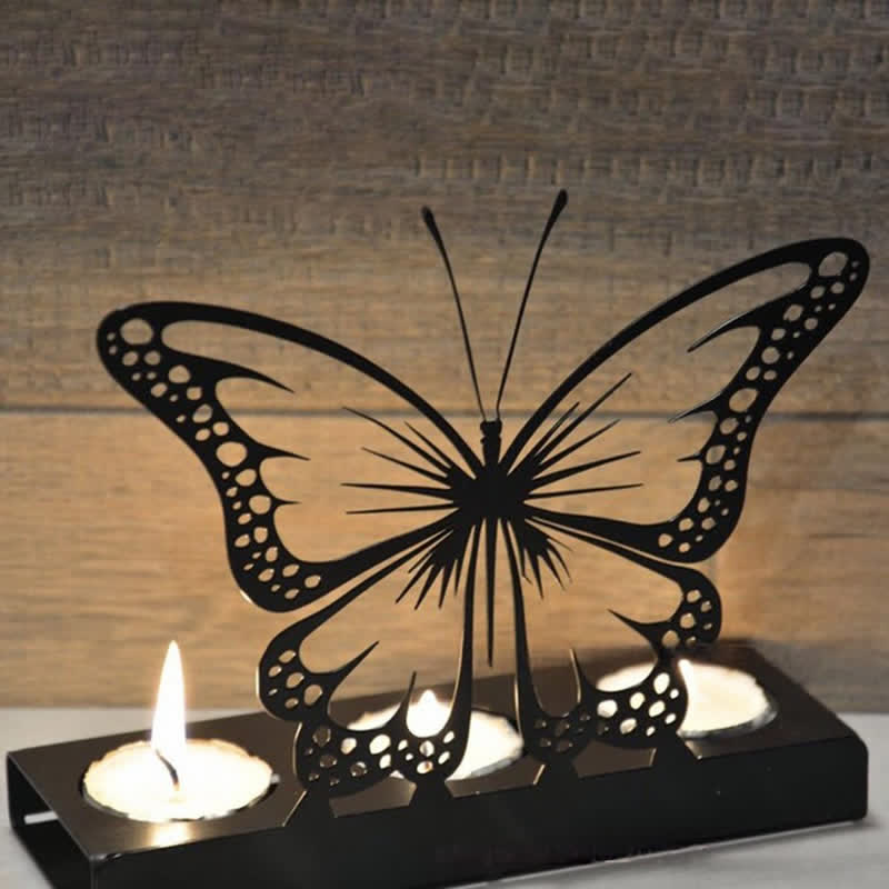 Buddha Stones Black Iron Butterfly Transformation Three Light Candle Holder - image 1