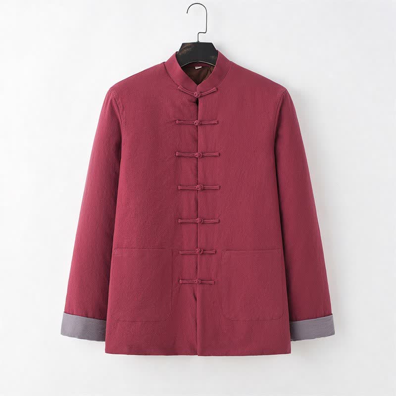 Buddha Stones Fall Winter Casual Tang Style Frog Button Solid Cotton Men's Jacket With Pockets - IndianRed - US/UK/AU44，EU54 (4XL) - image 4