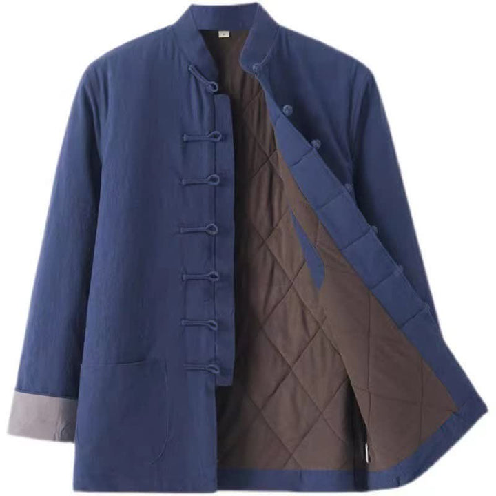 Buddha Stones Fall Winter Casual Tang Style Frog Button Solid Cotton Men's Jacket With Pockets - MidnightBlue - US/UK/AU44，EU54 (4XL) - image 0