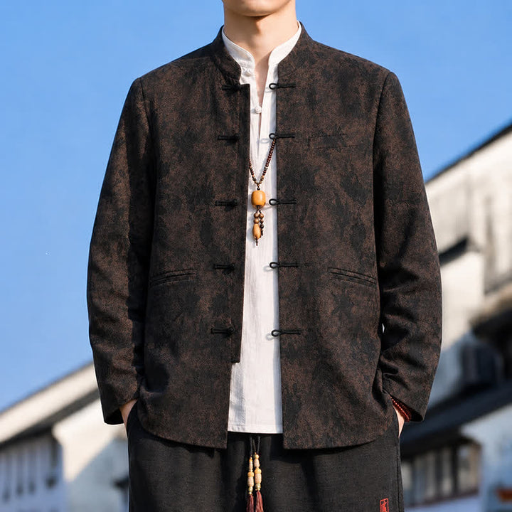 Buddha Stones Fall Winter Vintage Tang Style Mandarin Collar Leaves Abstract Men's Jacket With Pocket - SaddleBrown - US/UK/AU42，EU52 (4XL) - image 13
