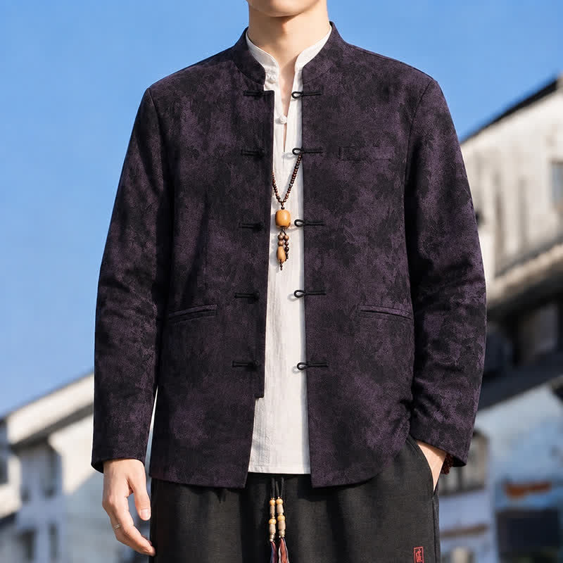Buddha Stones Fall Winter Vintage Tang Style Mandarin Collar Leaves Abstract Men's Jacket With Pocket - Purple - US/UK/AU42，EU52 (4XL) - image 7