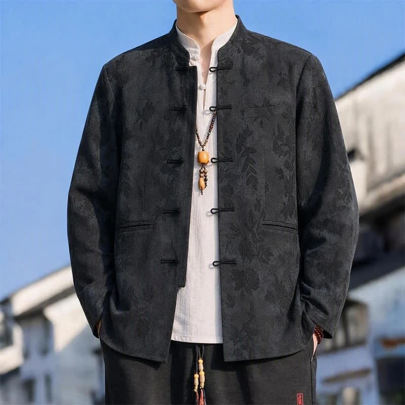 Buddha Stones Fall Winter Vintage Tang Style Mandarin Collar Leaves Abstract Men's Jacket With Pocket - Black - US/UK/AU42，EU52 (4XL) - image 0