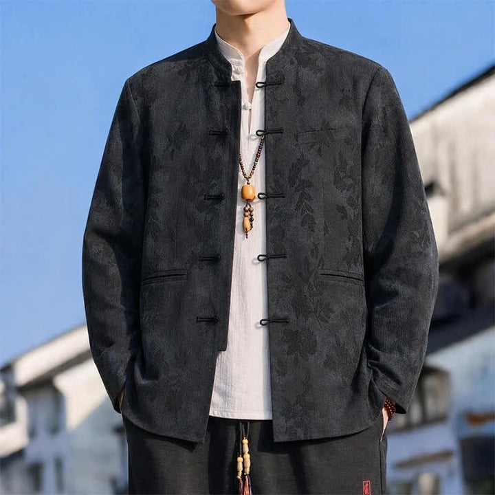 Buddha Stones Fall Winter Vintage Tang Style Mandarin Collar Leaves Abstract Men's Jacket With Pocket - Black - US/UK/AU42，EU52 (4XL) - image 0