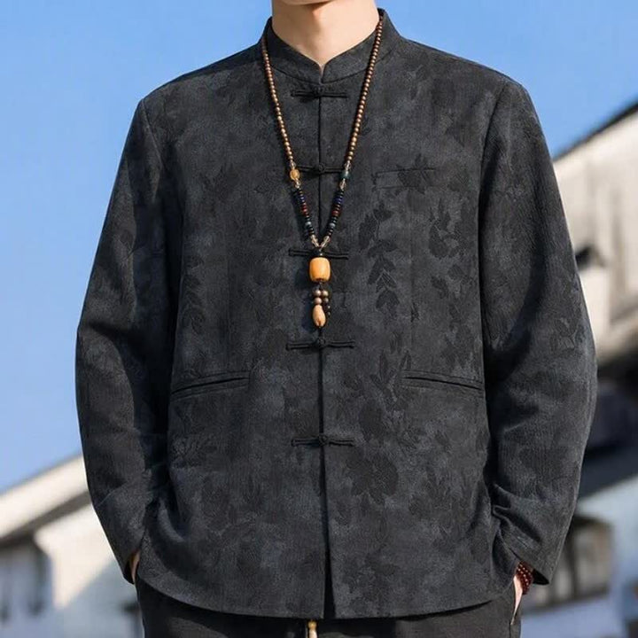 Buddha Stones Fall Winter Vintage Tang Style Mandarin Collar Leaves Abstract Men's Jacket With Pocket - image 3