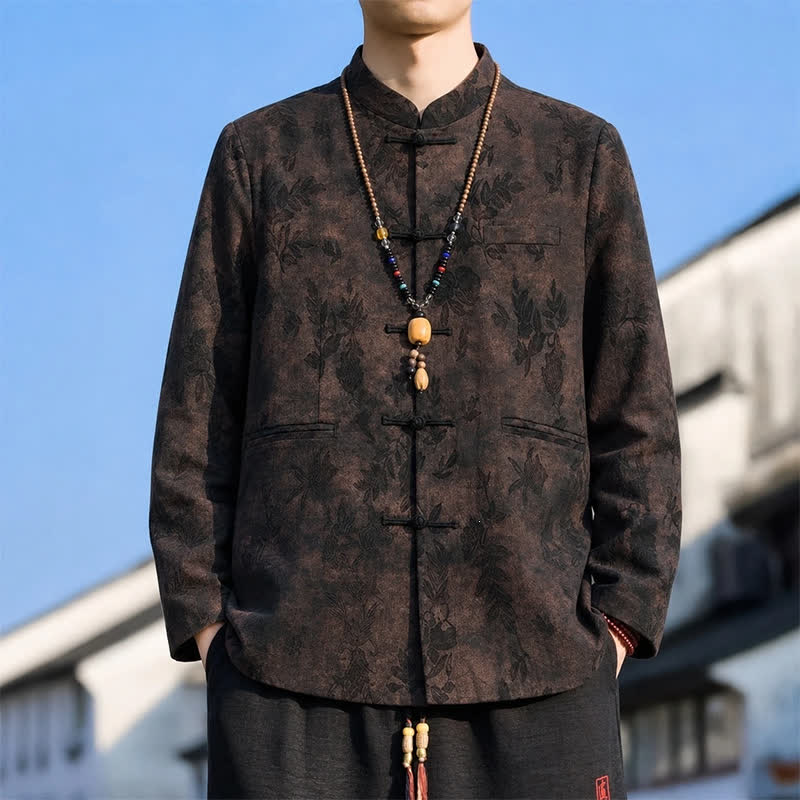 Buddha Stones Fall Winter Vintage Tang Style Mandarin Collar Leaves Abstract Men's Jacket With Pocket - image 17