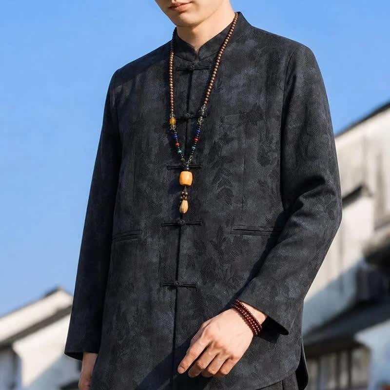 Buddha Stones Fall Winter Vintage Tang Style Mandarin Collar Leaves Abstract Men's Jacket With Pocket - image 2