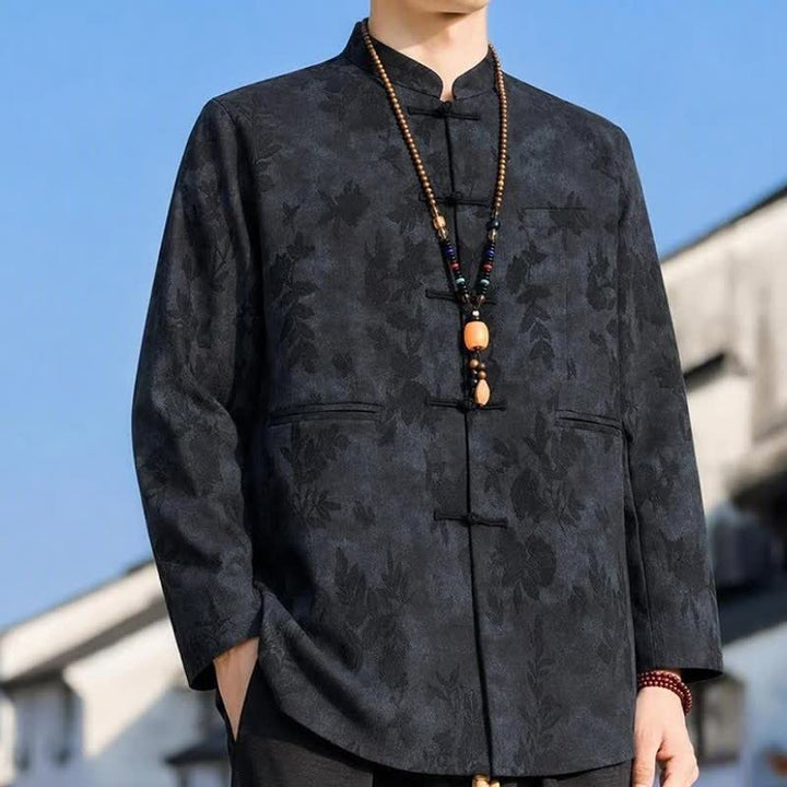 Buddha Stones Fall Winter Vintage Tang Style Mandarin Collar Leaves Abstract Men's Jacket With Pocket - image 5