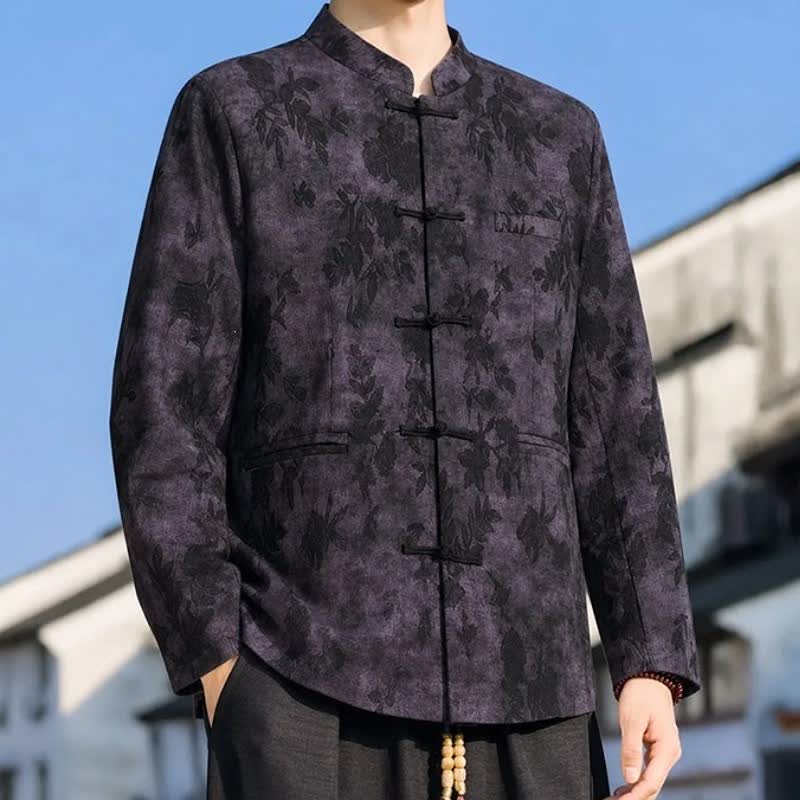 Buddha Stones Fall Winter Vintage Tang Style Mandarin Collar Leaves Abstract Men's Jacket With Pocket - image 11