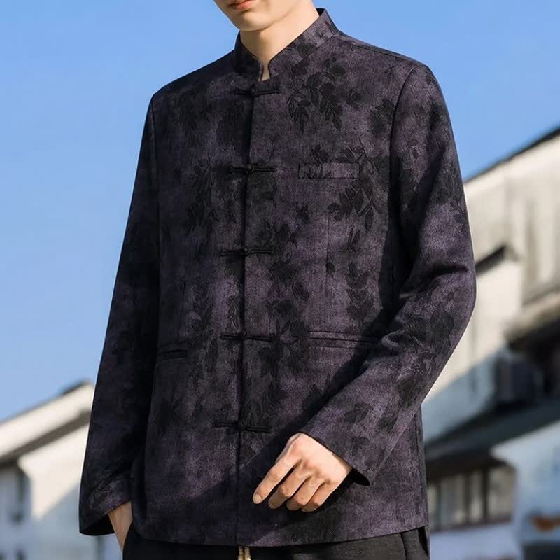 Buddha Stones Fall Winter Vintage Tang Style Mandarin Collar Leaves Abstract Men's Jacket With Pocket - image 9