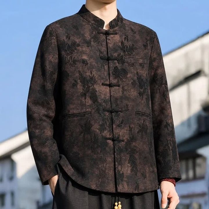 Buddha Stones Fall Winter Vintage Tang Style Mandarin Collar Leaves Abstract Men's Jacket With Pocket - image 14
