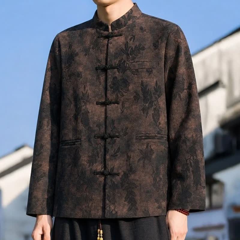 Buddha Stones Fall Winter Vintage Tang Style Mandarin Collar Leaves Abstract Men's Jacket With Pocket - image 15