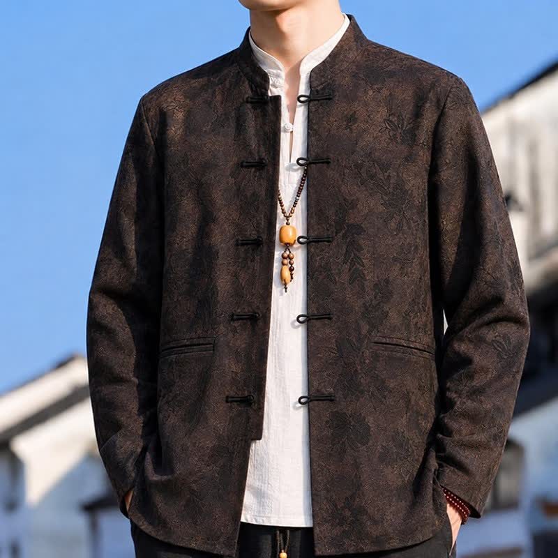 Buddha Stones Fall Winter Vintage Tang Style Mandarin Collar Leaves Abstract Men's Jacket With Pocket - image 18