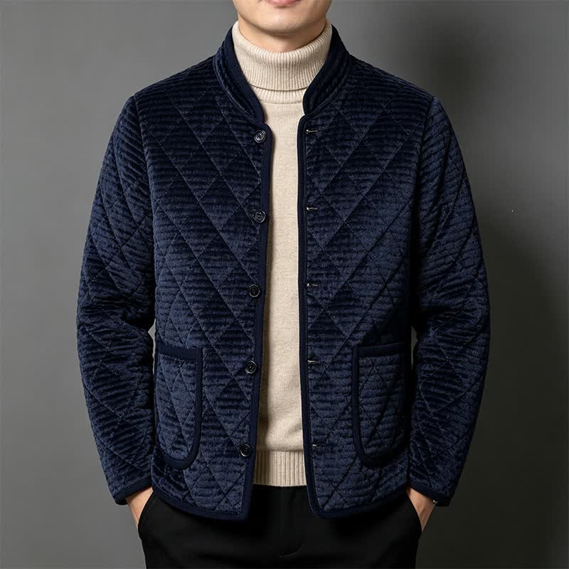 Buddha Stones Fall Winter Basic Classic Rhombus Tang Style Mandarin Collar Solid Corduroy Men's Jacket With Pockets - MidnightBlue - US/UK/AU44，EU54 (5XL) - image 0