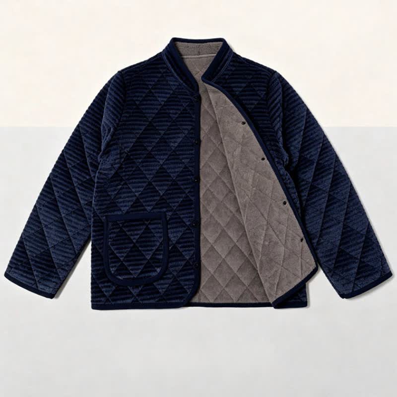 Buddha Stones Fall Winter Basic Classic Rhombus Tang Style Mandarin Collar Solid Corduroy Men's Jacket With Pockets - image 5