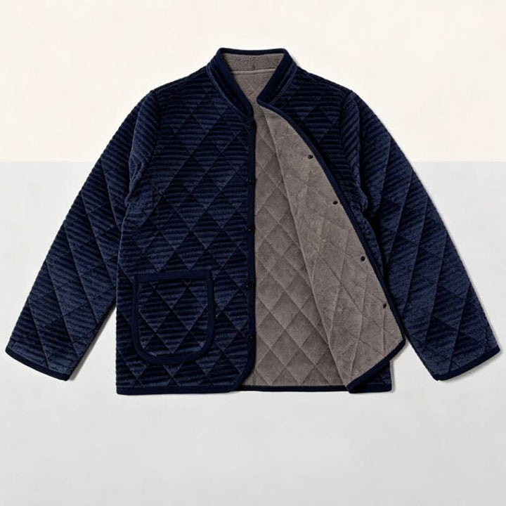 Buddha Stones Fall Winter Basic Classic Rhombus Tang Style Mandarin Collar Solid Corduroy Men's Jacket With Pockets - image 5