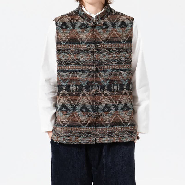 Buddha Stones Fall Winter Vintage Tang Style Mandarin Collar Geometric Tank Top Men's Vest - Tan - US/UK/AU46，EU56 (5XL) - image 0