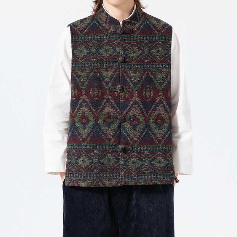 Buddha Stones Fall Winter Vintage Tang Style Mandarin Collar Geometric Tank Top Men's Vest - Teal - US/UK/AU46，EU56 (5XL) - image 7
