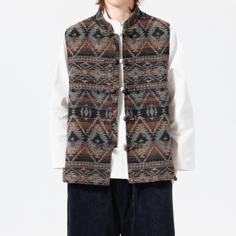 Buddha Stones Fall Winter Vintage Tang Style Mandarin Collar Geometric Tank Top Men's Vest - image 6