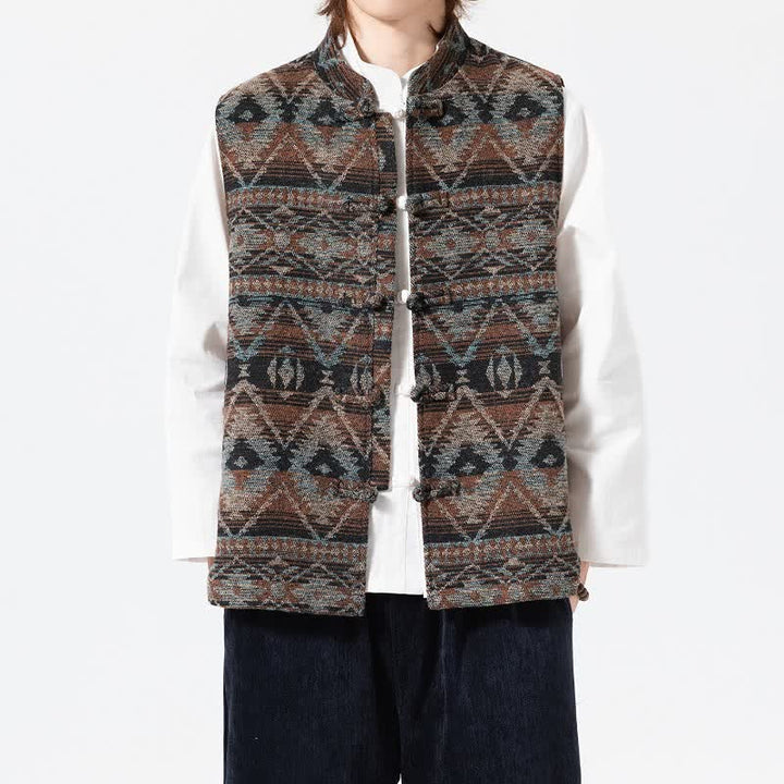 Buddha Stones Fall Winter Vintage Tang Style Mandarin Collar Geometric Tank Top Men's Vest - image 6