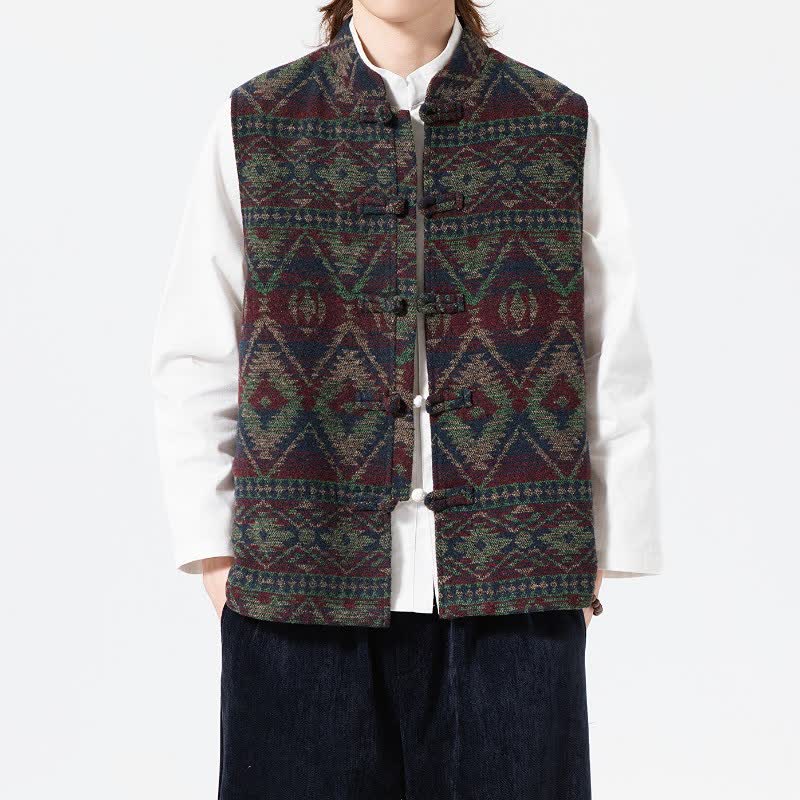 Buddha Stones Fall Winter Vintage Tang Style Mandarin Collar Geometric Tank Top Men's Vest - image 10
