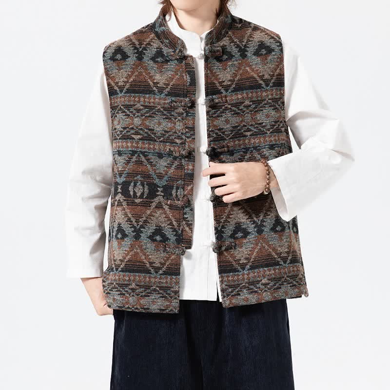 Buddha Stones Fall Winter Vintage Tang Style Mandarin Collar Geometric Tank Top Men's Vest - image 3