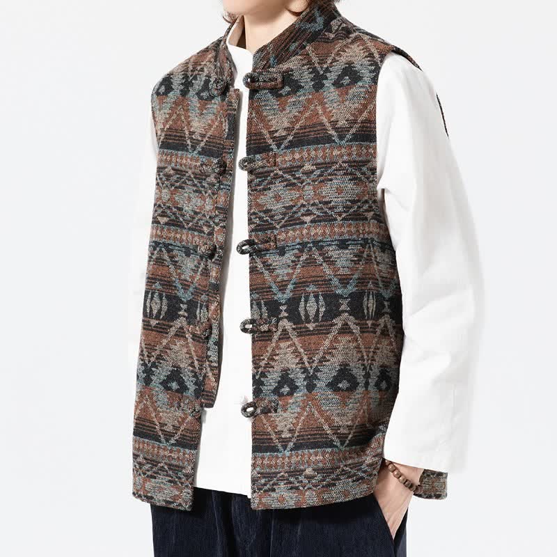 Buddha Stones Fall Winter Vintage Tang Style Mandarin Collar Geometric Tank Top Men's Vest - image 4