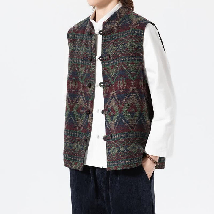 Buddha Stones Fall Winter Vintage Tang Style Mandarin Collar Geometric Tank Top Men's Vest - image 9