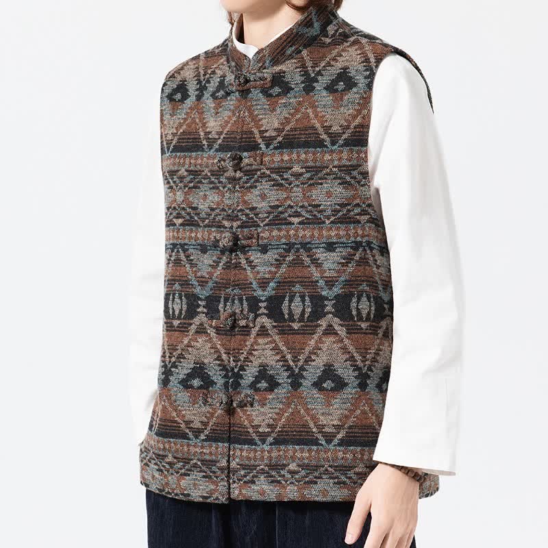 Buddha Stones Fall Winter Vintage Tang Style Mandarin Collar Geometric Tank Top Men's Vest - image 5
