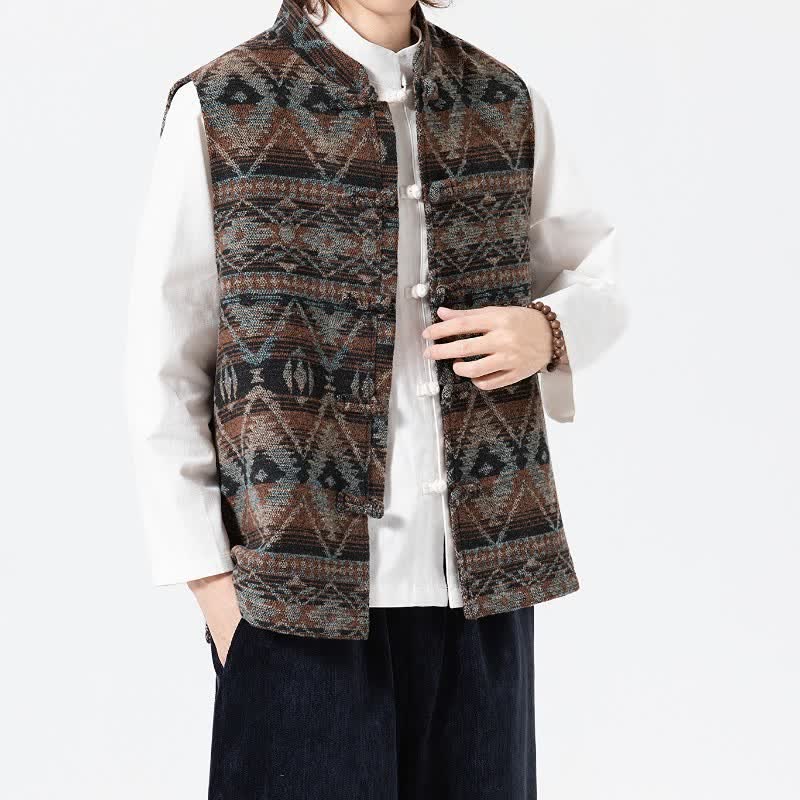Buddha Stones Fall Winter Vintage Tang Style Mandarin Collar Geometric Tank Top Men's Vest - image 1