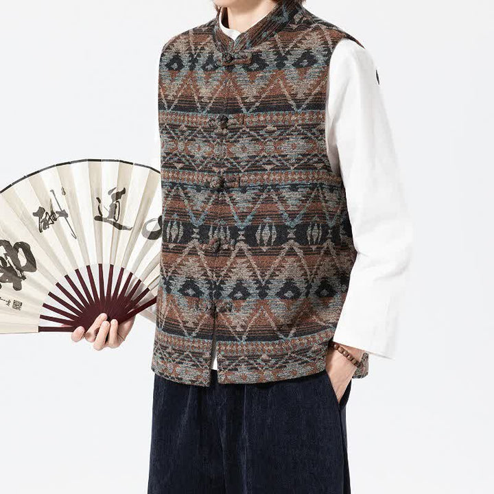 Buddha Stones Fall Winter Vintage Tang Style Mandarin Collar Geometric Tank Top Men's Vest - image 2