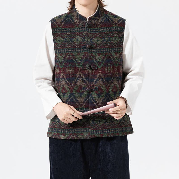 Buddha Stones Fall Winter Vintage Tang Style Mandarin Collar Geometric Tank Top Men's Vest - image 8