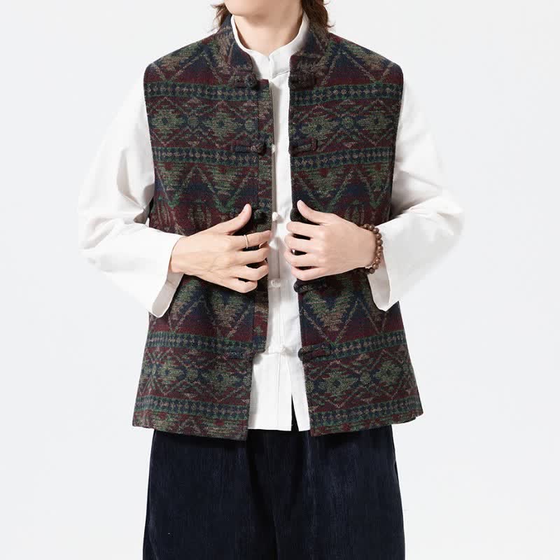 Buddha Stones Fall Winter Vintage Tang Style Mandarin Collar Geometric Tank Top Men's Vest - image 12