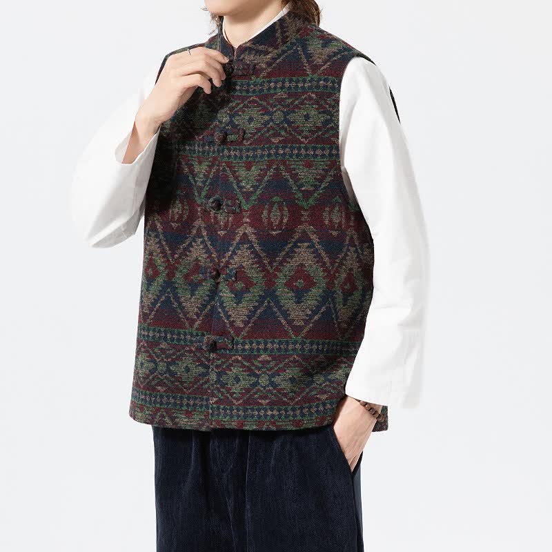 Buddha Stones Fall Winter Vintage Tang Style Mandarin Collar Geometric Tank Top Men's Vest - image 13