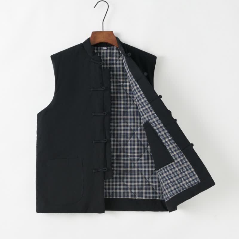 Buddha Stones Fall Winter Tang Style Vintage Frog Button Solid Cotton Tank Top Men's Vest With Pocket - Black - US/UK/AU44，EU54 (4XL) - image 6