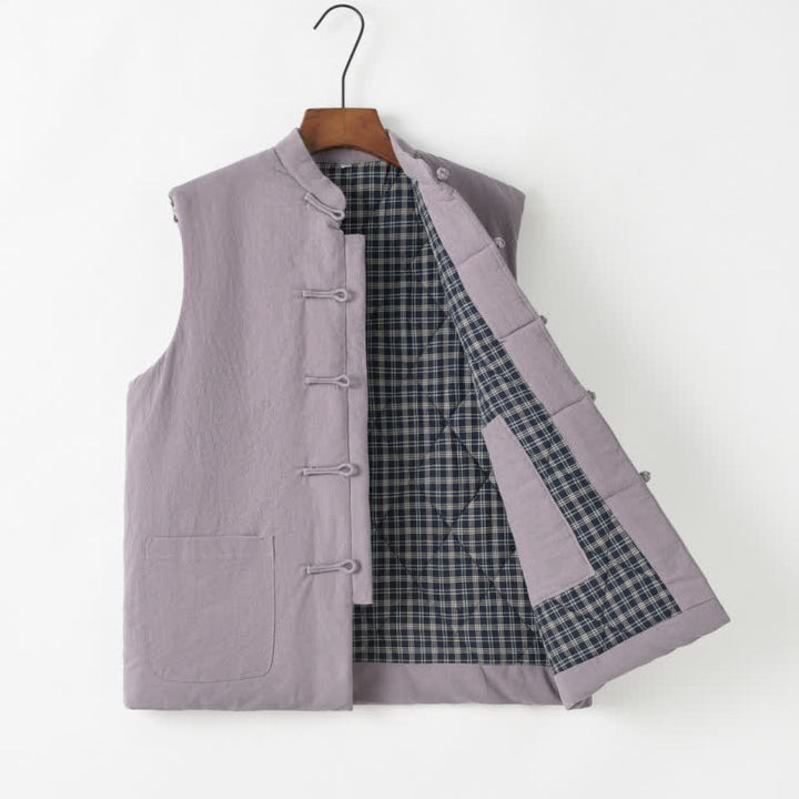 Buddha Stones Fall Winter Tang Style Vintage Frog Button Solid Cotton Tank Top Men's Vest With Pocket - LightGray - US/UK/AU44，EU54 (4XL) - image 8
