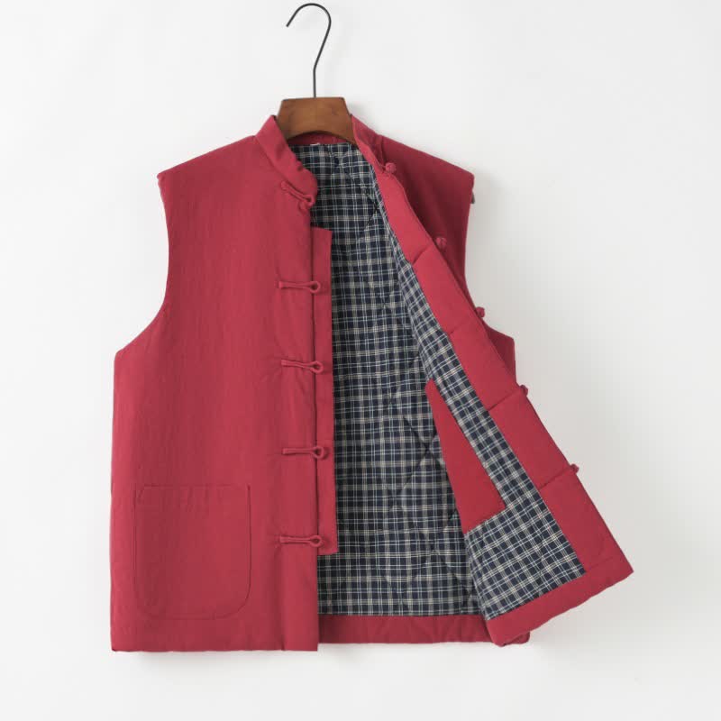 Buddha Stones Fall Winter Tang Style Vintage Frog Button Solid Cotton Tank Top Men's Vest With Pocket - Crimson - US/UK/AU44，EU54 (4XL) - image 7