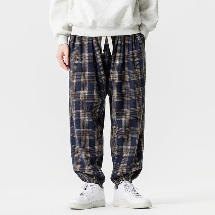 Buddha Stones Fall Winter Casual Drawstring Plaid Ankle Pants Men's Harem Pants With Pockets - Navy - US/UK/AU46，EU56 (5XL) - image 17